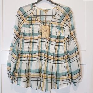 True Craft Plaid v neck peasant sheer Blouse - Green, Yellow, White